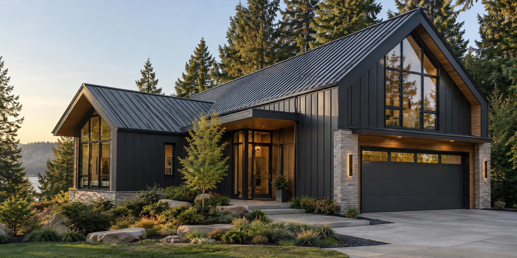 Contemporary home with a charcoal standing-seam metal roof